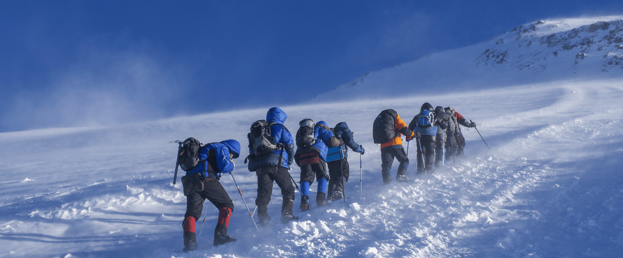 A rope team climbing through a snowstorm